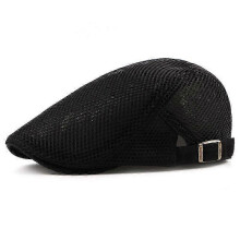(Black) Verstelbare mesh pet voor heren, effen polyester platte pet, geschikt voor een hoofdomtrek van 55-60 cm, diepte 10 cm.