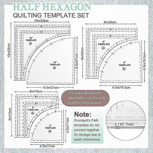 (10 inch) Transparent Acrylic Quilting Template Set, Thick Sewing Ruler for Drunkard's Path Pattern Design 1