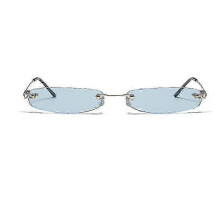 (BLUE) Tiny Rimless Rectangle Slim Sunglasses, Slender Metal Frame, Candy Colours, 18g Lightweight, for Men Women Travel Walking Shopping Photography