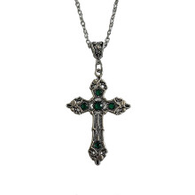(Green) Vintage Gothic Cross Pendant Necklace, Crystal Choker Neck Chain, Alloy, For Men Women, Multiple Colour Options