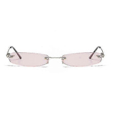 (PINK) Tiny Rimless Rectangle Slim Sunglasses, Slender Metal Frame, Candy Colours, 18g Lightweight, for Men Women Travel Walking Shopping Photography