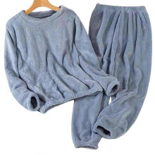 (Sky Blue, 3XL) Ensemble pyjama deux pièces en flanelle chaude et épaisse pour femme, pull à col rond uni, grande taille élastiquée pour l'hiver