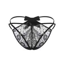 (Black) Damen-Tanga mit durchbrochener Spitze, Schleifenverzierung, gekreuzten Ringen und niedrigem Bund, sexy Dessous-Höschen