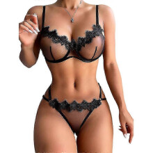 (Black, 2XL) Women's See Through Mesh Lingerie Set, Spandex Erotic Bra and Thong Sleepwear