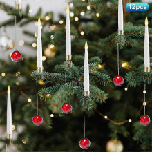 (Red Crystal Ball) 12 velas LED navideñas, adornos colgantes para árbol con control remoto, decoración navideña para interiores, 15 cm de largo.