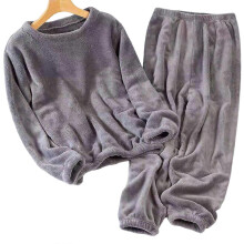 (Blue Cat Gray, One Size) Ensemble pyjama deux pièces en flanelle épaisse et chaude pour femme, couleur unie, col rond, idéal pour l'hiver.