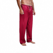 (Red, XL) Herren-Schlafanzughose aus Seidensatin, lange, locker sitzende, einfarbige Schlafhose mit elastischem Kordelzugbund, Ganzjahres-Nachtwäsche