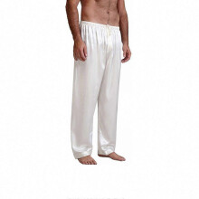 (White, S) Men's Silk Satin Pajama Pants, Long Loose Solid Colour Sleepwear Trousers with Elasticated Drawstring Waist, All Season Nightwear Bottom
