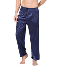 (Blue, M) Pantalon de pyjama en satin de soie pour homme, long, ample et uni, avec taille élastiquée à cordon de serrage, idéal en toutes saisons.