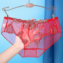 (red, XL) Nahtlose Damen-Netzslips, transparente, atmungsaktive Höschen mit Nylonspitzenbesatz und Stickerei, Größen S-XL erhältlich