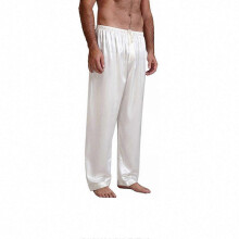 (White, L) Men's Silk Satin Pajama Pants, Long Loose Solid Colour Sleepwear Trousers with Elasticated Drawstring Waist, All Season Nightwear Bottom