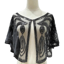 (302 black) Elegante sjaal met pailletten en kralen, schouderlange avondcape, polyester, voor bruiloften, feesten, diners en bijeenkomsten, 302 Zwart