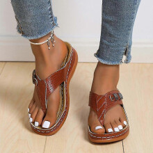 (Brown, 39) Women's Orthopedic Wedge Flip-flop Sandals, Imitation Leather Upper, Rubber Soles, 3cm Heel, for Indoor Outdoor Beach Leisure