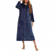 (Navy Blue, M) Bata larga de franela con capucha para mujer, cremallera frontal y bolsillos.