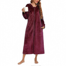 (Red Wine, S) Bata larga de franela con capucha para mujer, cremallera frontal y bolsillos.