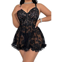 (XXXL) Großgröße Babydoll Dessous, Blüten Spitze, verstellbare Kreuzträger, offener Rücken, für Valentinstag Hochzeitsnacht Flitterwochen