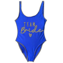 (gold blue, L) Women's Gold Print Team Bride One-piece Swimsuit, Bachelorette Party Summer Beachwear Bathing Suit, S-3XL, No Pad