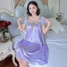 (Light Purple) Vestido de noche sin mangas con escote en V, rayas, bordado, satén de seda, con cordones, pijama ligero de verano para mujer, azul