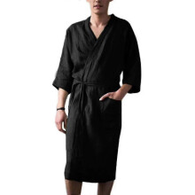 (Black, L) Bata de baño de algodón y lino para hombre, manga tres cuartos, bata de casa, ropa de dormir para el descanso diario.