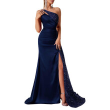 (Navy Blue, M) Vestido de noche largo de hombro al descubierto con lentejuelas, para bodas y fiestas, mezcla de poliéster, color negro talla XS