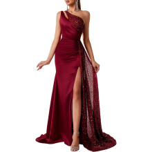 (Burgundy, XS) Vestido de noche largo de hombro al descubierto con lentejuelas, para bodas y fiestas, mezcla de poliéster, color negro talla XS