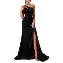 (Black, XS) Vestido de noche largo de hombro al descubierto con lentejuelas, para bodas y fiestas, mezcla de poliéster, color negro talla XS