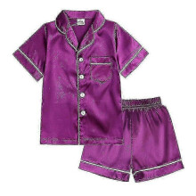 (Purple, 80) Kids Satin Pyjamas Set, Short Sleeve Button Top with Elastic Waist Shorts, 3-10 Years, for Home Bedroom Pajama Slumber Party
