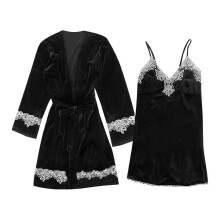 (Black, XL) Dames gouden fluwelen tweedelige nachtjapon en pyjamajurk set, dubbelzijdige warme loungewear, verkrijgbaar in meerdere kleuren, winter