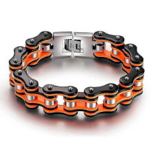 (24cm) Herren-Motorradarmband aus Edelstahl, orange-schwarz, rundes Gliederdesign