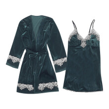 (Green, M) Conjunto de pijama y camisón de noche de terciopelo dorado para mujer, cálido doble cara para invierno, varios colores disponibles