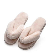 (Khaki, 38-39) Women's Flip Flop Slippers with Memory Foam Insoles, Open Toe and Soft Plush Fur