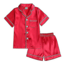 (Rose Red, 130) Kinder-Pyjama-Set aus Satinseide, Kurzarm, Shorts, Knopfleiste, Schlafanzug, Nachtwäsche für Jungen und Mädchen