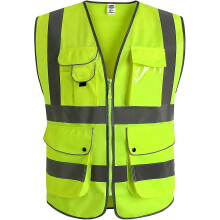(Yellow, 2XL) Veiligheidsvest met 9 vakken, reflecterende stroken, ritssluiting, fluorescerend geel, voldoet aan Ansi/isea normen, polyester