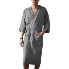 (Grey, L) Bata de baño/bata de pijama de algodón y lino de manga tres cuartos para hombre, ideal para uso diario en casa.