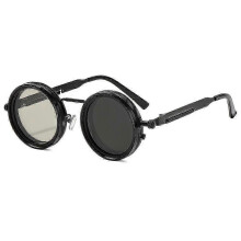 (Black) Visionguard NF Retro Round Metal Frame Double Rim Punk Cross Sunglasses, UV Protection, Lightweight Durable, For Daily Use Outdoor Activities