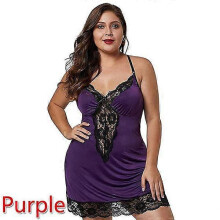 (purple, M) Plus Size Babydoll Nachthemd mit tiefem V-Ausschnitt, Spaghettiträgern, gekreuzter Spitzenborte am Rücken und integriertem String