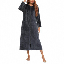 (Dark Grey, S) Damesbadjas van flanel met capuchon, ritssluiting aan de voorkant en zakken.