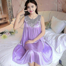 (F Light Purple) Damesnachthemd, mouwloos, V-hals, vetersluiting, geborduurd, gestreept, zomerslaapshirt