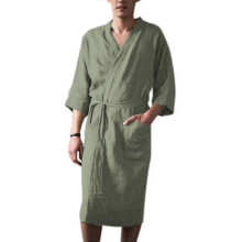 (Green, L) Bata de baño de algodón y lino para hombre, manga tres cuartos, bata de casa, ropa de dormir para el descanso diario.