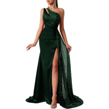 (dark green, L) Naisille yksikätinen sequins-ilta-illallispuku, korkea halkio musta XS polyseossekoitus häihin ja juhliin
