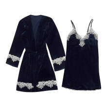 (Navy blue, M) Conjunto de pijama y camisón de noche de terciopelo dorado para mujer, cálido doble cara para invierno, varios colores disponibles