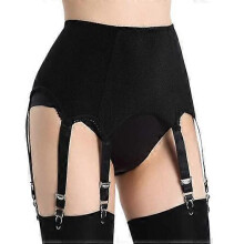 (Black, L) Women's Waist Garter Belt with Metal Straps in Black, White, Red, Nylon, S-XXL