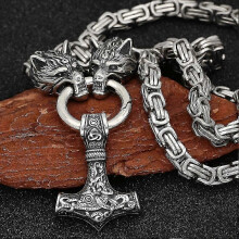 (Silvery, 23.62inch) Mens Viking Style Wolf Head Necklace, Vintage Nordic Hammer Talisman, Titanium Plating, Stainless Steel Chain, Alloy Pendant