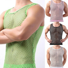 (S, Green) Sexy See Through Hollow Out Sleeveless O Neck Plain Polyester Vest, Elastic Breathable Loungewear Sleepwear for All Seasons, S M L XL