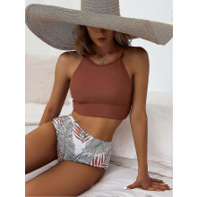 (Black, S) High Waist High Neck Bikini Set, Padded Wire Free Printed Swimwear for Women, Spandex Nylon Beach Bathing Suit