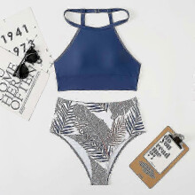 (Blue, M) High Waist High Neck Bikini Set, Padded Wire Free Printed Swimwear for Women, Spandex Nylon Beach Bathing Suit