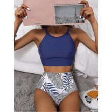(Blue, M) Bikini a vita alta, costume da bagno imbottito con stampa e collo alto da donna, ideale per nuotare e per le vacanze al mare.