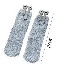 (Grey) Women Fluffy Plush Floor Socks 3D Cartoon Frog Eyes Stretchy Polyester Middle Tube for Autumn Winter Daily Indoor Home Wear