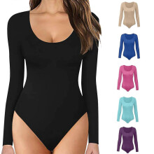 (Sky Blue, L) Women's Double Lined Crew Neck Long Sleeve Bodysuit, Snap Crotch Closure, Soft Stretchy Basic Top, Multiple Sizes Colours