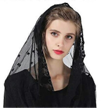 (Black) Voile mantille en dentelle florale, légère élastique douce, pour messe latine et cérémonie de mariage